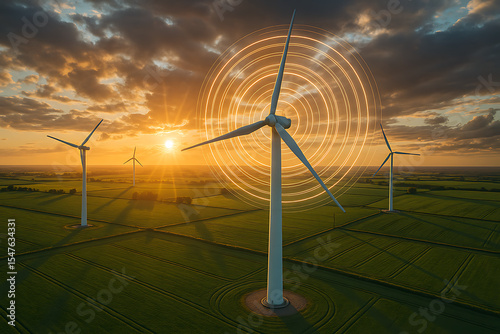 Wind Turbines on Green Hills with Airflow Holograph – Renewable Energy Generation in Eco-Friendly Landscape Under Blue Sky


