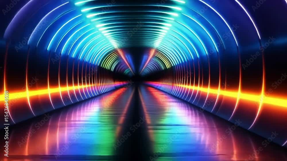 A long, reflective tunnel with a triangular ceiling, illuminated by glowing rings of blue, purple, and orange neon lights.