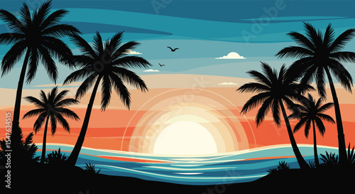 Tropical paradise vector illustration with palm trees ocean sunset birds and vegetation
