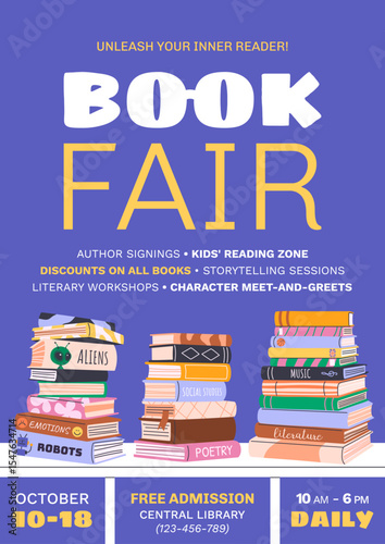 Book fair or festival vertical poster for advertising and promotion. Piles of various books on bookshelf. Hand drawn banner design for educational events, World Book Day, Back to School concepts.