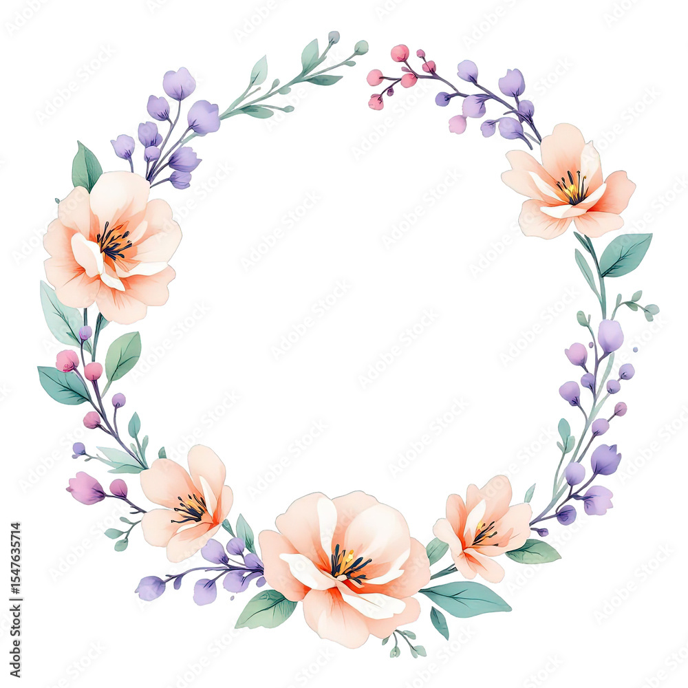 Fototapeta premium Peach Flower Wreath with Purple Berries, Watercolor Style