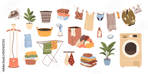 Set of laundry equipment. Washing machine, hanging clothes, baskets, iron, clothes steamer, detergents, folded towels. Isolated flat illustrations for home chores, cleaning, and domestic life concepts