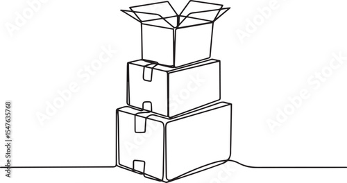 Continuous single line drawing of stacked cardboard boxes in pyramid formation with open top box on white background

