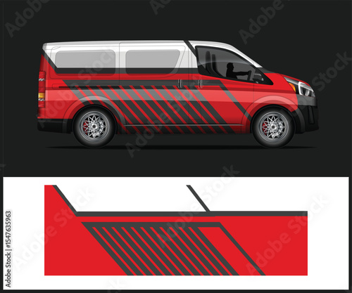 Modern red van with sleek geometric decal design and separate decal element