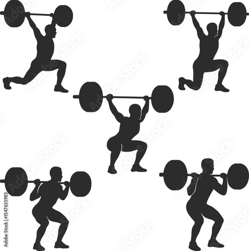 Silhouetted figures demonstrating various barbell exercises, showcasing strength training routines.