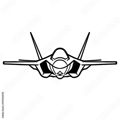 Black and White Vector Illustration of Modern Fighter Jet in Frontal View with Angled Wings and Dual Vertical Stabilizers
