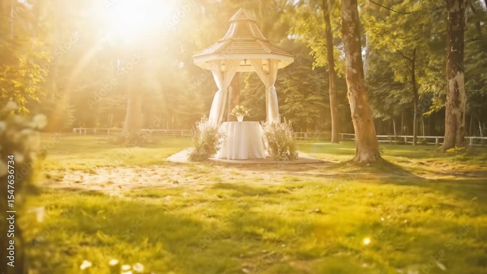 Elegant wedding gazebo in sunlit park with golden hour lighting and romantic garden setting perfect for outdoor ceremony celebration. Zoom in camera in empty landscape