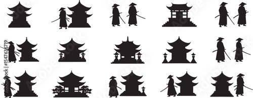 Silhouette japanese samurai warrior with katana sword and pagoda temple vector design illustration 100