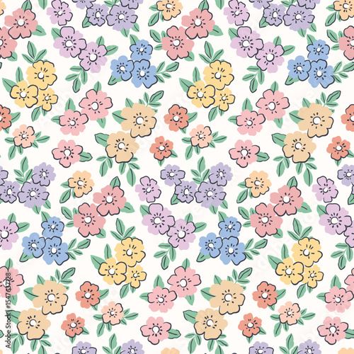 Seamless floral pattern, liberty ditsy print in cute girly style. Delicate botanical fabric, textile design of small hand drawn flowers, tiny leaves, simple pastel bouquets. Vector illustration.
