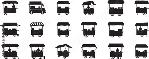 Food carts and food trucks black silhouette vector illustration street food vending business concept