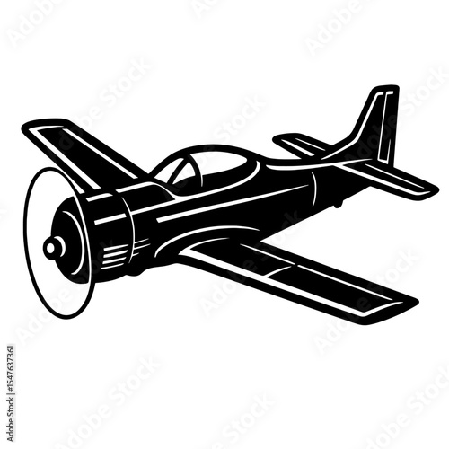 Black and White Vector Illustration of Propeller-Driven Vintage Fighter Aircraft with Exaggerated Engine Perspective
