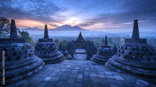 Dusk settling over the centuries-old Borobudur Temple in Java