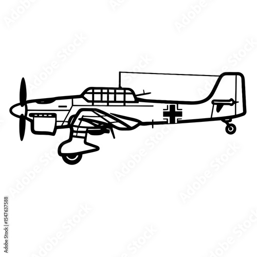 Black and White Vector Illustration of World War II Bomber Aircraft Side View with Bomb Load and Historic Markings
