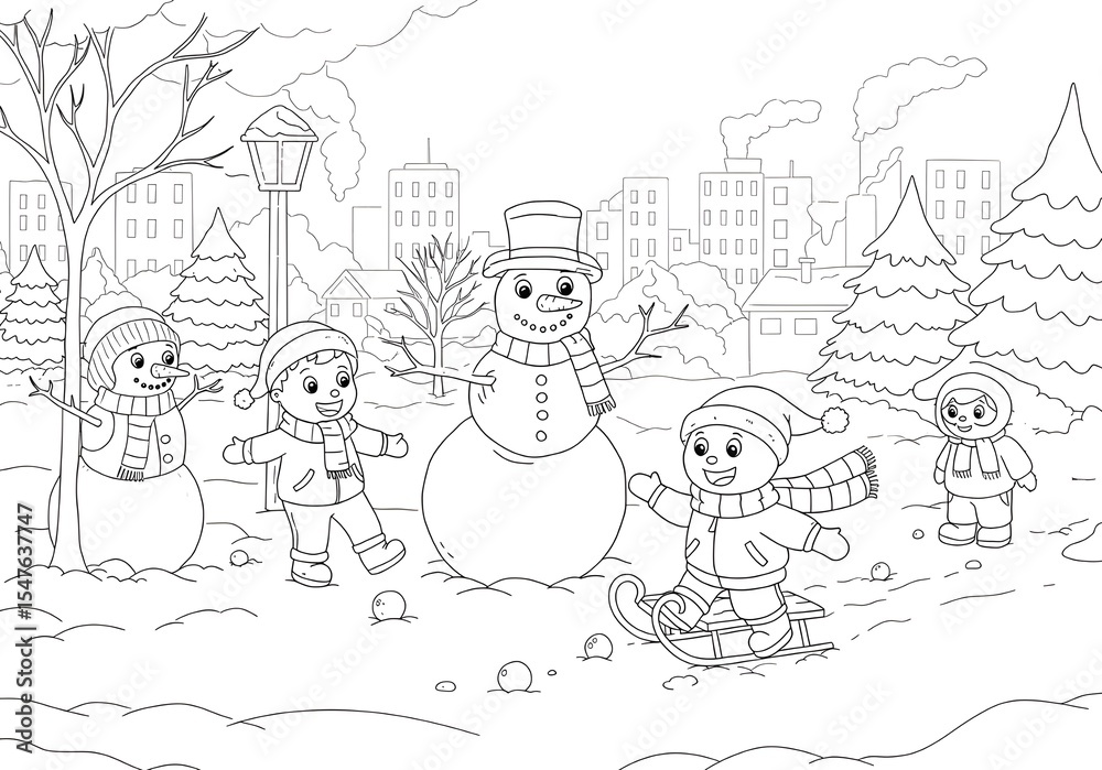 Fototapeta premium Coloring pages. cartoon children and snowman playing together with snowy city park theme coloring page. easy coloring page for kids. ready to print on standard A4 or 8.5x11 inch paper.