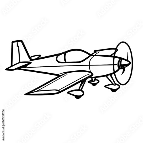 Black and White Vector Illustration of Aerobatic Stunt Plane with Sleek Design and Front Propeller Side View
