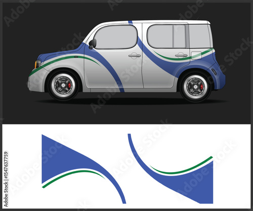 Retro style van with modern blue and green wave graphic design elements for vehicle wrap