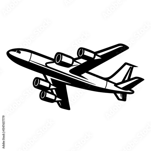 Black and White Vector Illustration of Commercial Jet Airliner in Side View with Four Engines and Wing Detail
