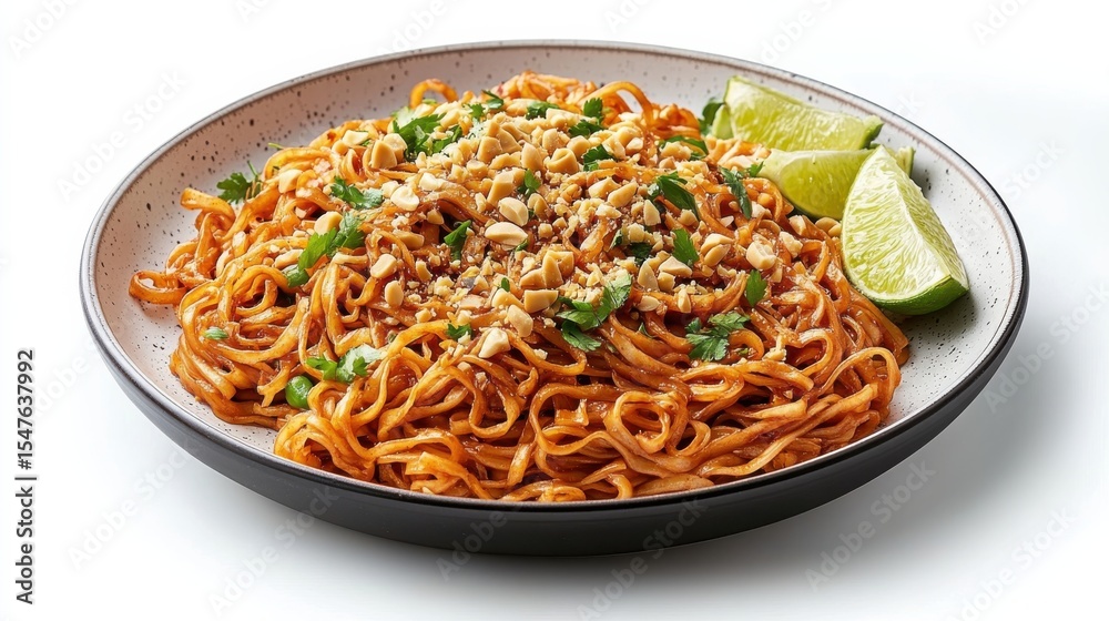 Pad Thai Noodles Garnished with Lime and Peanuts on a Plate Pad Thai Noodles Garnished with Lime and Peanuts on a Plate