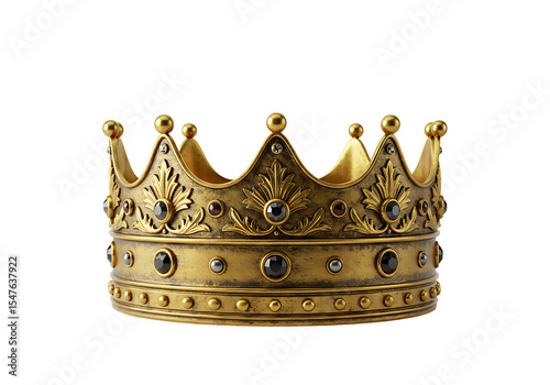 A gold crown detailed with black and red gems sits against a stark black background