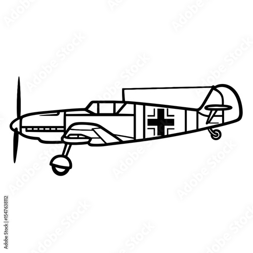 Black and white silhouette illustration of vintage World War II German military fighter aircraft with propeller
