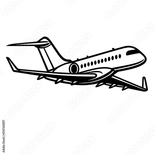 Black and white silhouette illustration of a commercial passenger jet airplane isolated on white background
