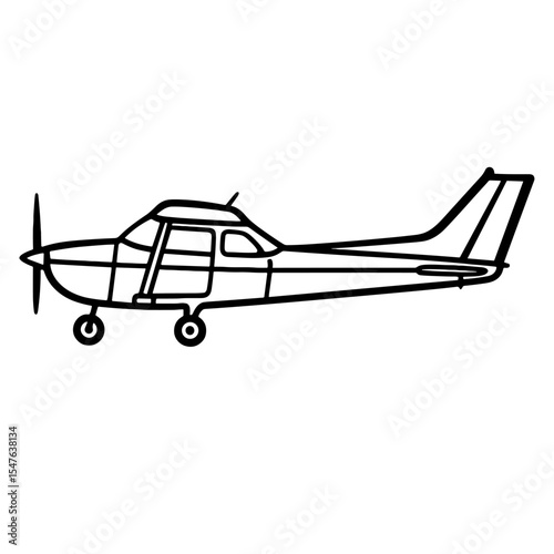 Black and white silhouette illustration of a small single-engine propeller airplane isolated on white background
