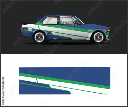 Dynamic blue and green racing car wrap design with abstract speed lines and stripes
