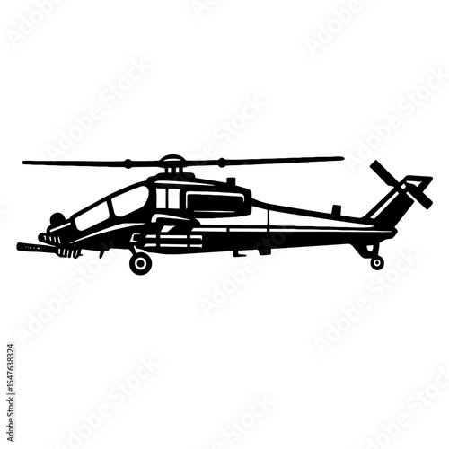 Side view silhouette of modern combat helicopter with missile armament and advanced rotor system, black vector illustration for military aviation and tactical design use
