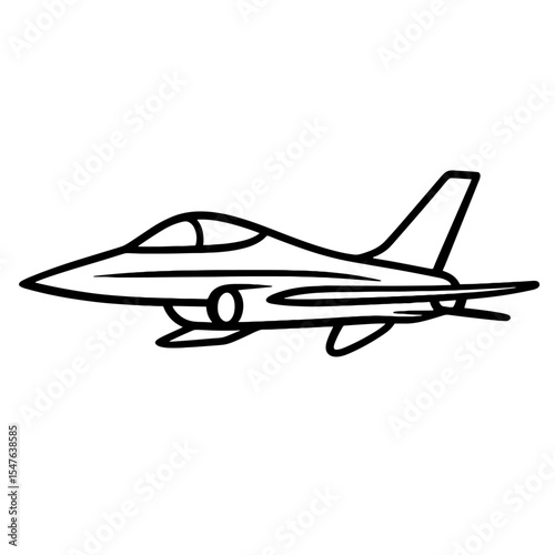 Modern fighter jet side view in black and white, sleek military aircraft vector illustration for aviation coloring books, defense themes, and educational aerospace projects
