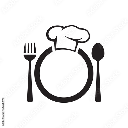 Chef Hat with Plate Fork Spoon Logo | Restaurant Food Service Icon | Cooking Culinary Arts Symbol Design