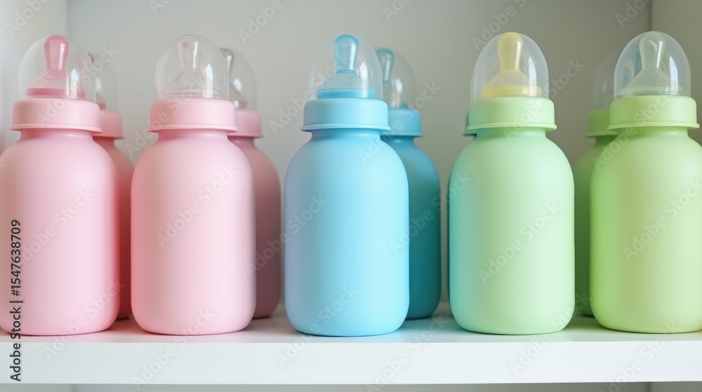 Multiple baby bottles in vivid pink, blue, and green on a white shelf, cheerful and organized nursery scene. Multiple baby bottles in vivid pink, blue, and green on a white shelf, cheerful and organized nursery scene.