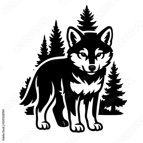 Cartoon wolf or husky standing in pine forest, black and white woodland animal illustration for kids coloring book or printable wildlife art
