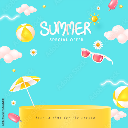Wallpaper Mural Playful summer sale banner with beach items, sunglasses, and product podium on blue sky background Torontodigital.ca