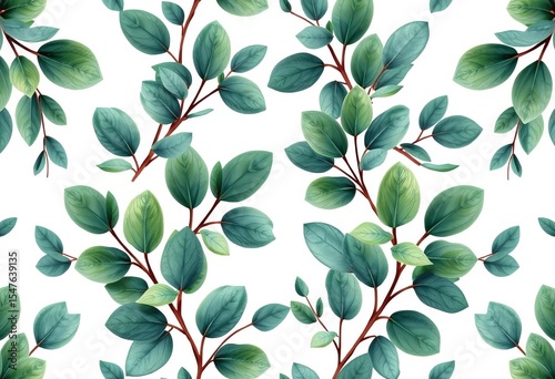 Elegant eucalyptus leaves and branches form a seamless trendy botanical wedding pattern on white , summer, line art
