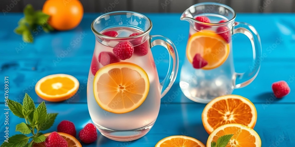 Fototapeta premium Refreshing raspberry orange infused water in glass pitcher on blue table, pitcher, juicy