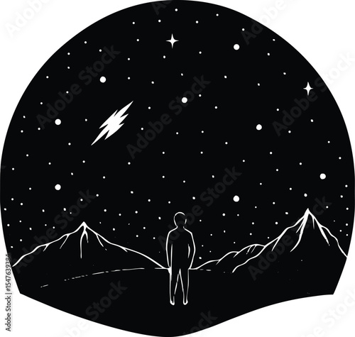 Starry Night Sky Moon Stars Scene Silhouette | Galaxy View from Peaceful Landscape