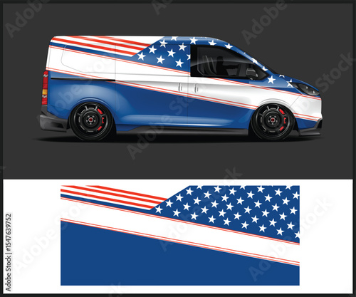 Customized blue pickup truck with american flag graphics and racing stripes for a patriotic vehicle wrap