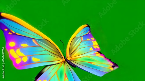 Vibrant Butterfly Animation, Colorful Wings on Green Screen Background.