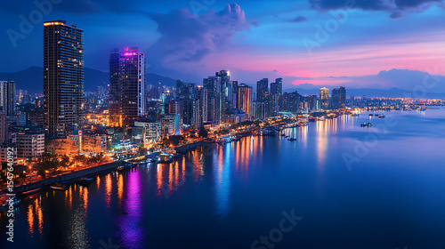 Evening cityscape of skycrapers lining the iconic Manila Bay
