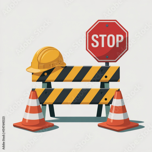 Construction Zone Safety Barrier with Stop Sign Hard Hat Cones Illustration
