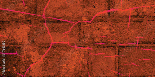 Abstract brick texture with bold crack lines in warm orange and red tones representing structure and decay