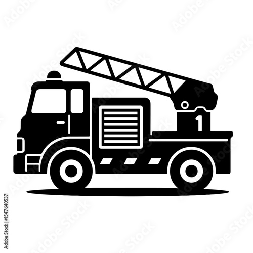 Black and white vector illustration of fire truck with extended ladder emergency rescue vehicle icon
