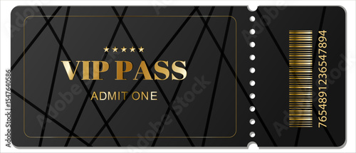 Stylish VIP ticket with gold text and barcode on a black background with a geometric pattern. Elegant design for exclusive events, concerts, or parties.Vector