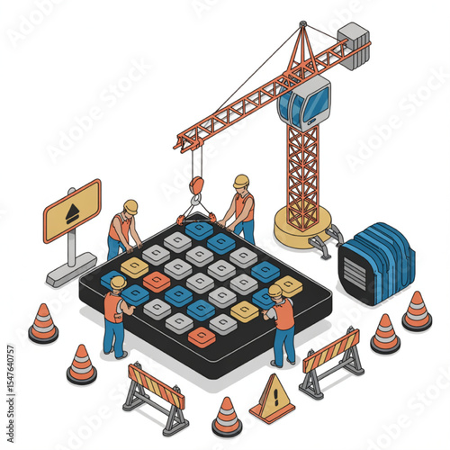 Workers Constructing a Giant Calculator Using a Crane Isometric Illustration