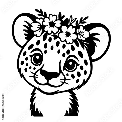 Cute leopard face with floral crown vector illustration in black and white whimsical animal and botanical design
