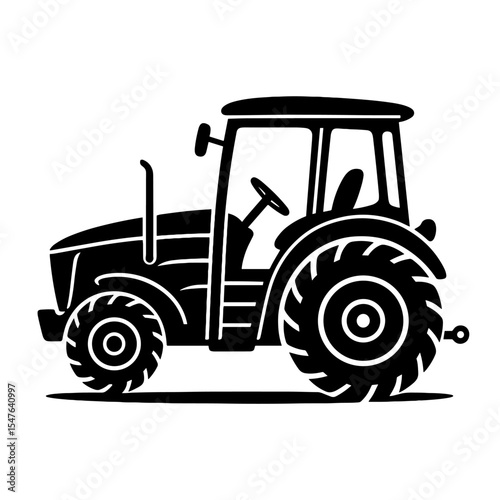 Classic farm tractor side view vector illustration with large rear wheels and detailed cab in black and white outline style
