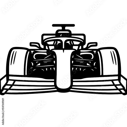 Front view vector illustration of Formula 1 race car with aerodynamic features and wide stance in black and white
