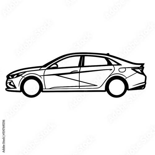 Modern compact sedan side view vector illustration with sharp angular lines in black and white outline style
