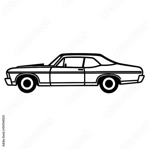 Vintage American sedan side view vector illustration in bold black and white outline style
