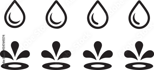 Splash and droplet vector illustration with bold drop icons for natural resource and drink-related concepts